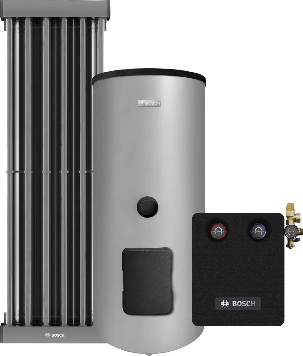 Solarthermisches System von Bosch mit mehreren Rohren zur Wärmegewinnung und einem integrierten Speicherbehälter für Warmwasser. Anschlussfeld für technische Steuerung sichtbar.